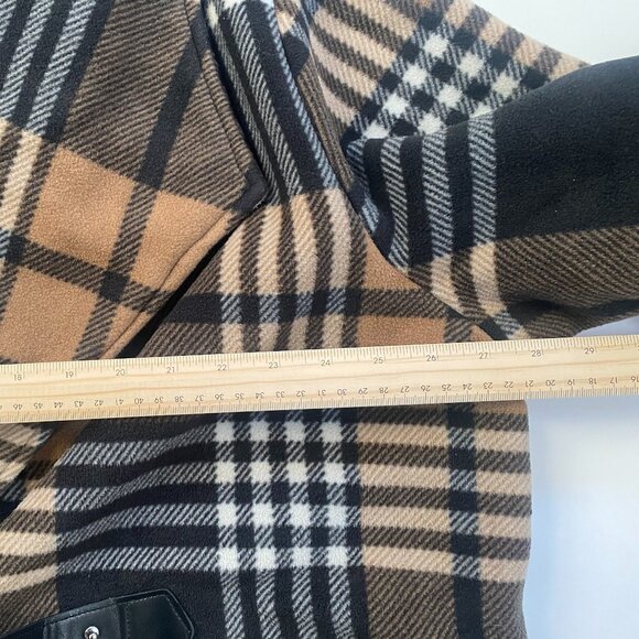 Ellen Reyes Woman Wrap Style Coat Black Tan Cream Plaid Collared Fleece L - Picture 11 of 16